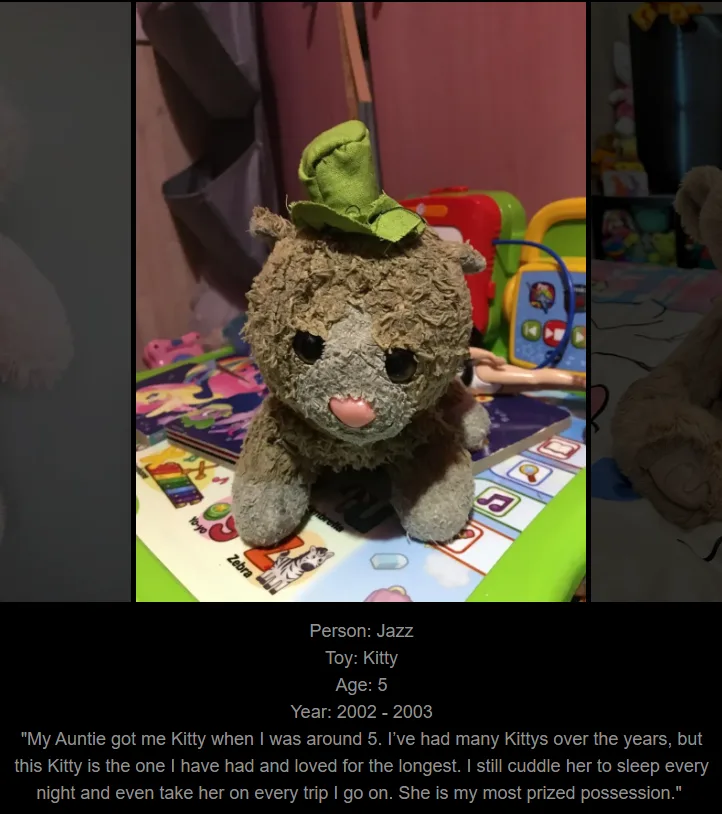 A worn, fluffy brown teddy bear wearing a small green hat sits on a colorful children's activity mat. Below the image, text…