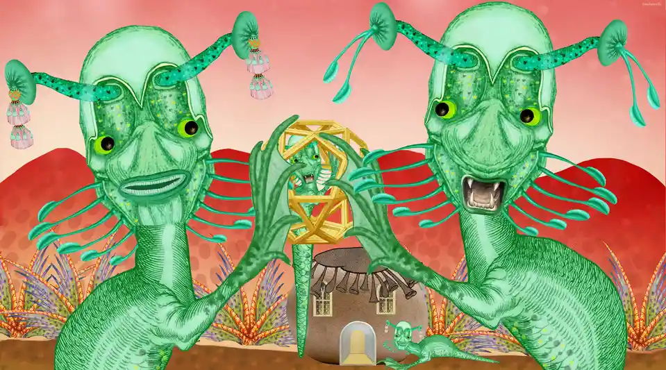 Two large, green, alien-like creatures with multiple tentacles and glowing eyes stand on either side of a small house…