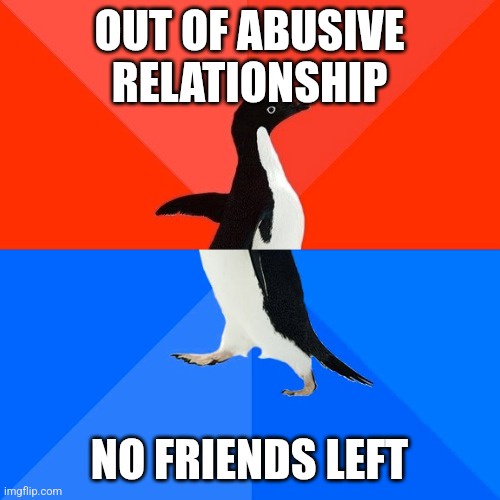 A penguin stands in the center of a red and blue background, split diagonally. The top half has the text 'OUT OF ABUSIVE…