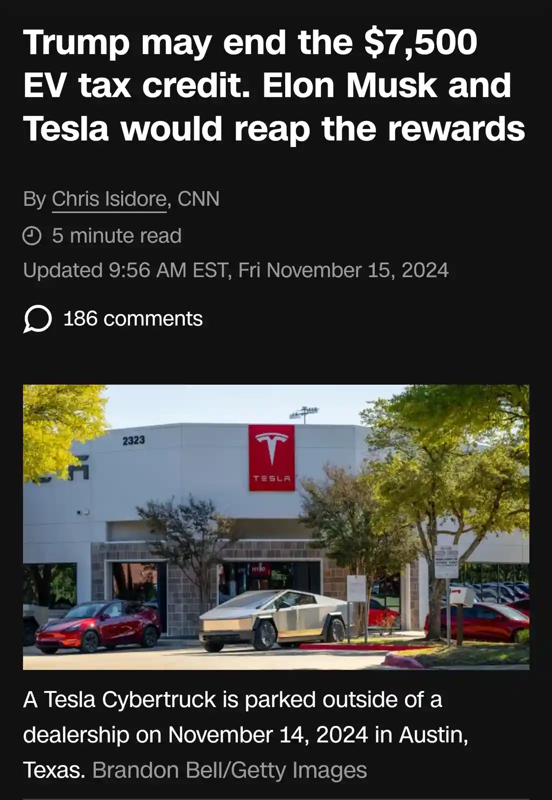 The image shows a Tesla dealership with a silver Cybertruck and a red Model Y parked outside. The overlaid text reads 'Trump…