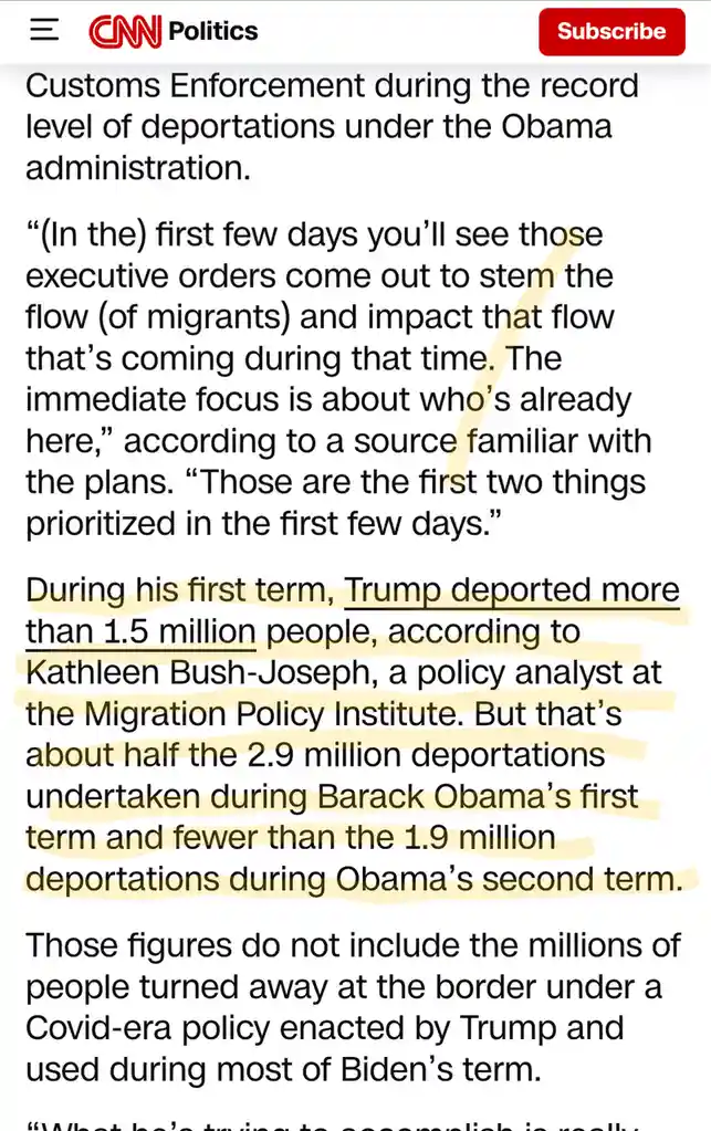 A screenshot of a CNN Politics article with text highlighting statistics comparing deportations under Trump and Obama. The…