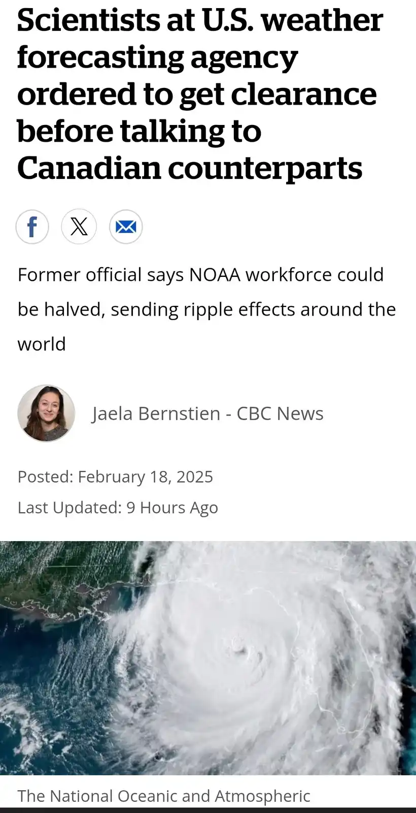 A screenshot of a CBC News article from February 18, 2025, featuring a satellite image of a large hurricane over the Gulf of…