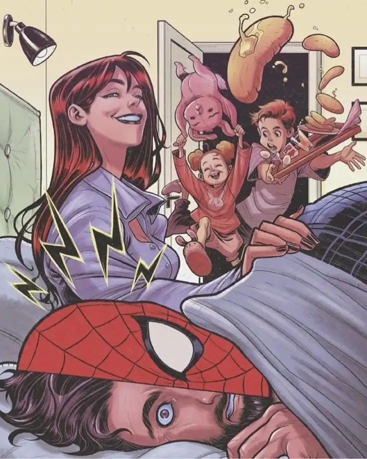 A comic panel shows Spider-Man hiding under a blanket with a terrified expression, while his wife Mary Jane smiles happily…