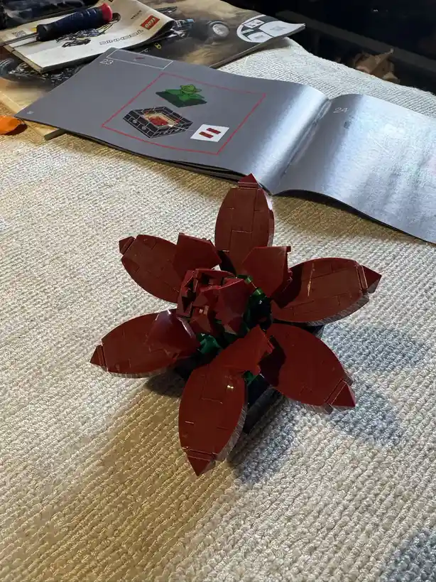 A red LEGO flower model sits on a textured beige carpet, with an open LEGO Technic instruction manual visible in the…