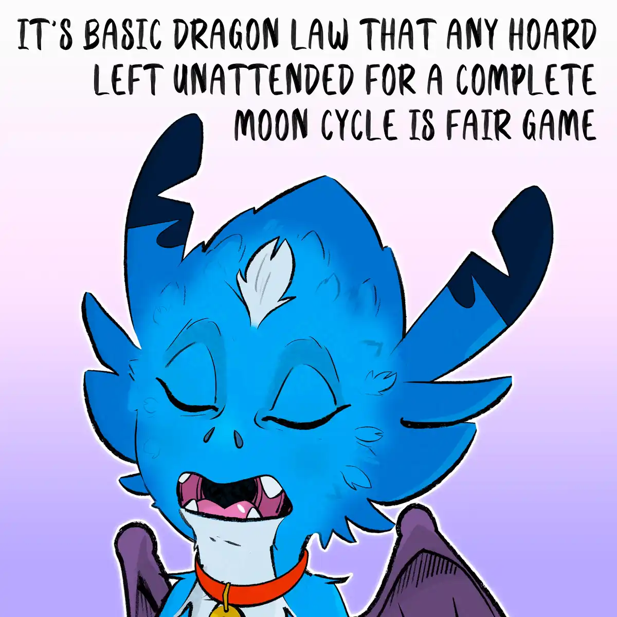 A cartoon blue dragon with closed eyes and a wide open mouth, appearing to be speaking or yawning, has text overlaid at the…
