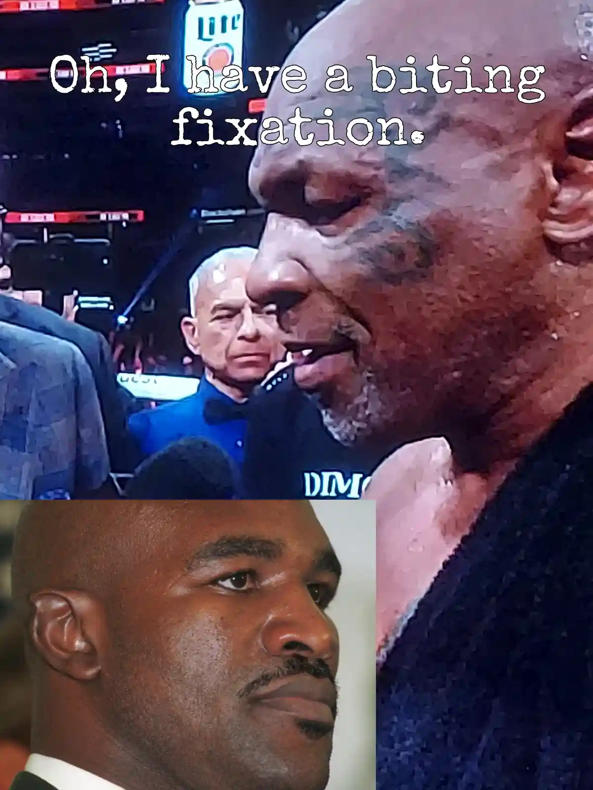 The image shows a close-up of a bald man with his mouth open, appearing to bite his lip or cheek, with overlaid text reading…
