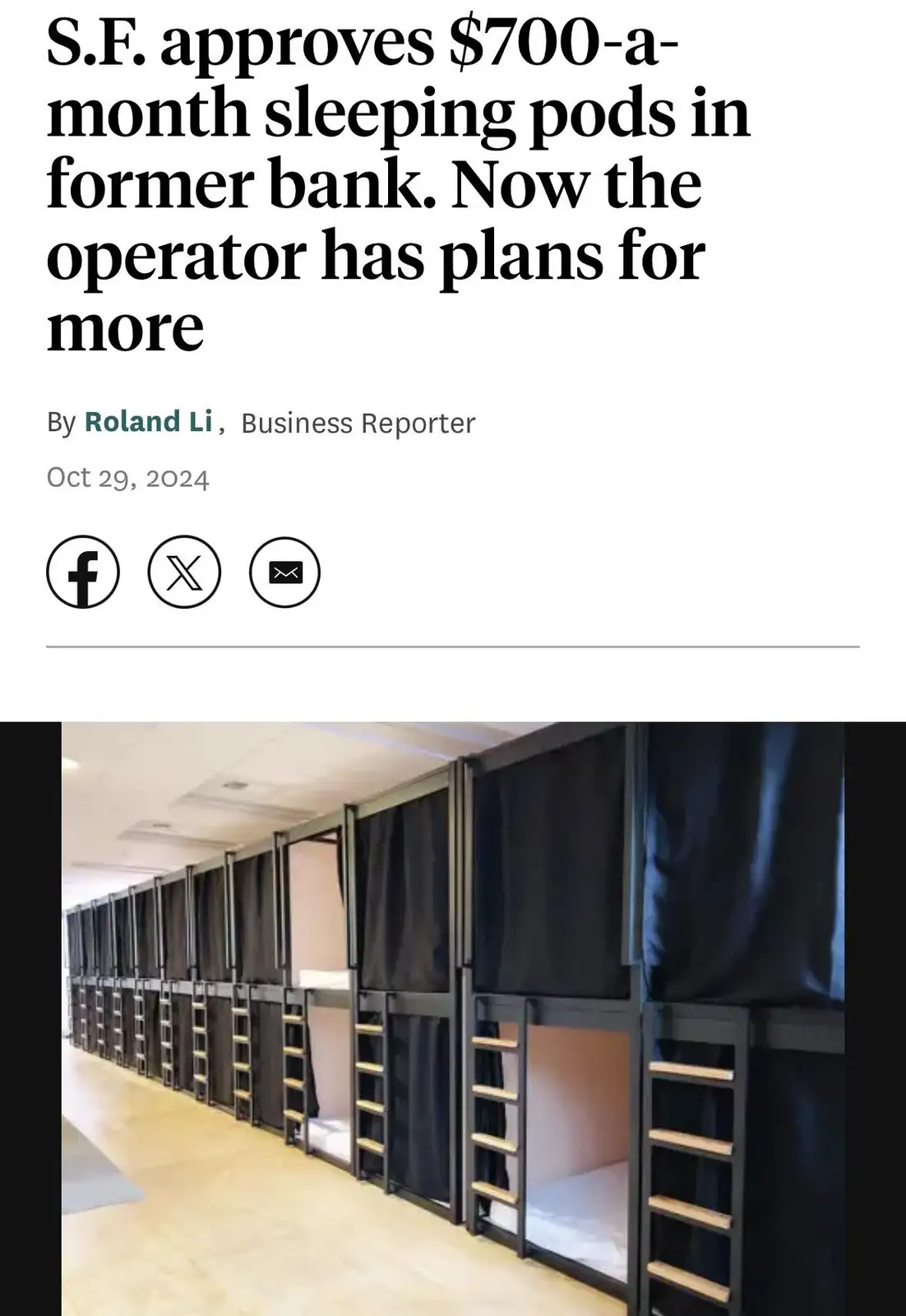 A screenshot of a news article headline about San Francisco approving $700 monthly sleeping pods in a former bank, with a…