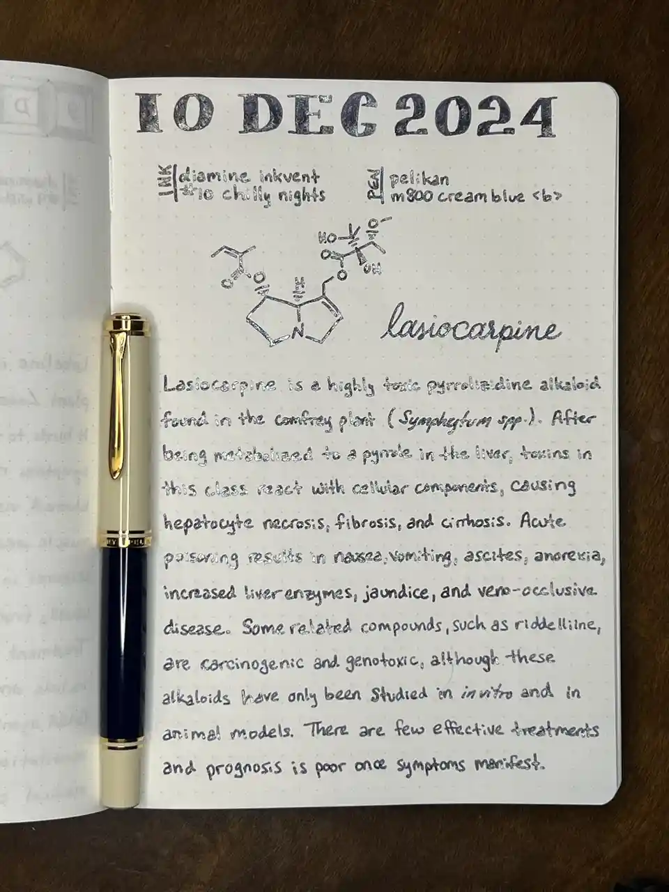 A notebook page dated 10 DEC 2024 shows a detailed handwritten entry about the toxic alkaloid lasiocarpine, including its…
