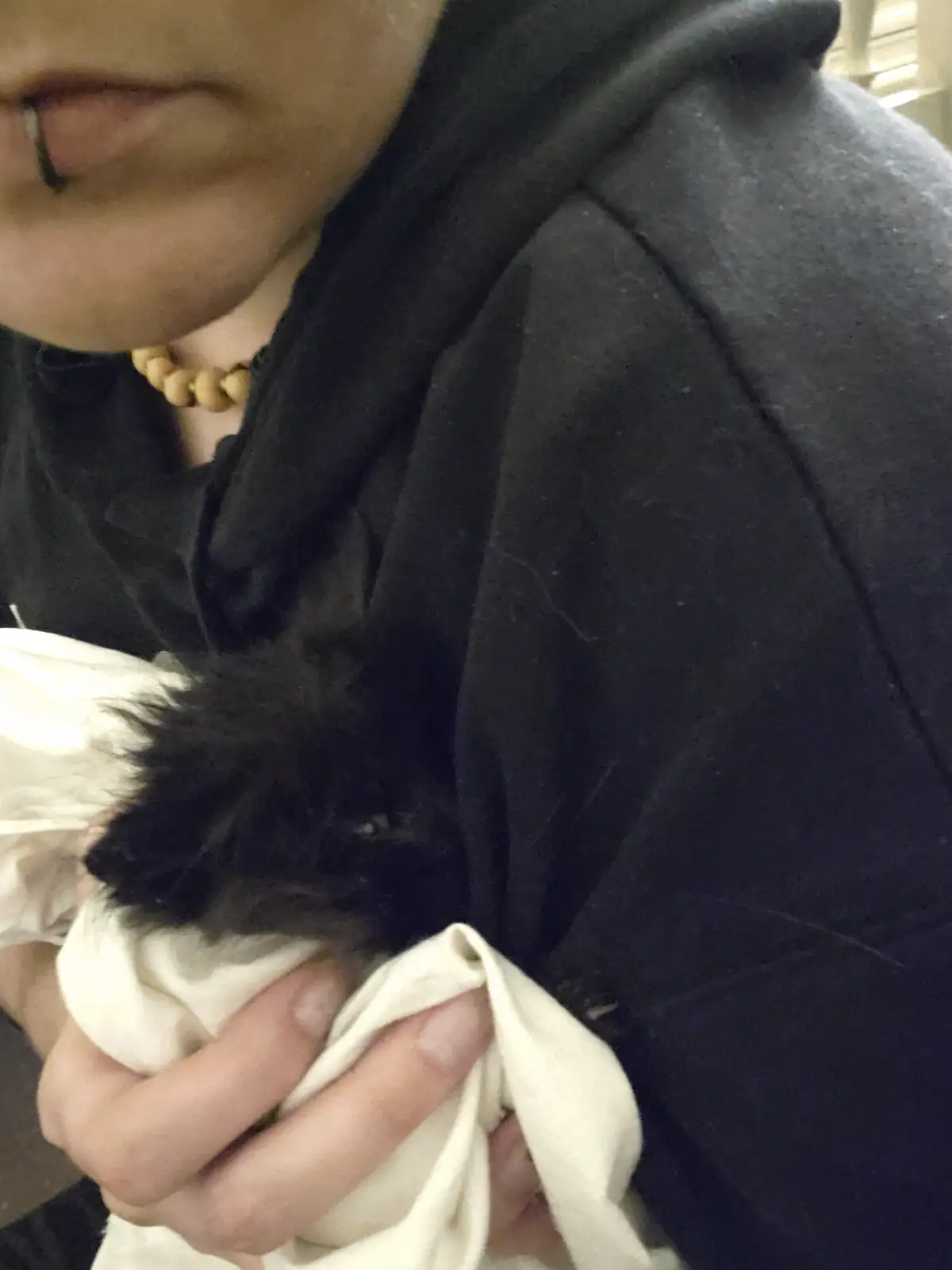 A person wearing a black hoodie and a wooden bead necklace holds a small black-and-white animal wrapped in a white cloth…