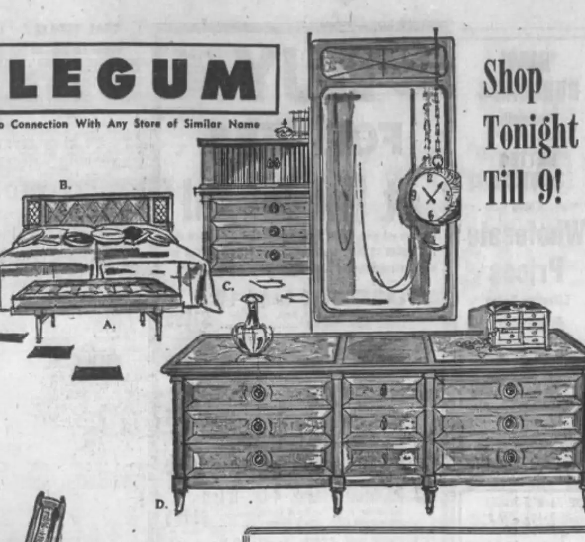 A vintage black-and-white advertisement for 'LEGUM' furniture, showing labeled bedroom furniture including a bed, dresser…