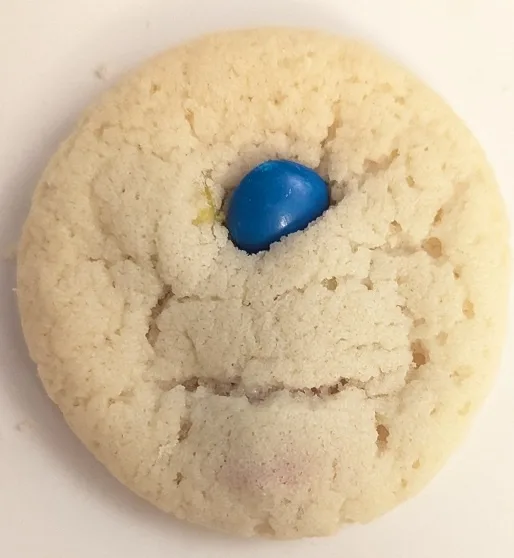A close-up of a plain, round, light-brown cookie with a single blue M&M candy embedded in its center, which appears to be…