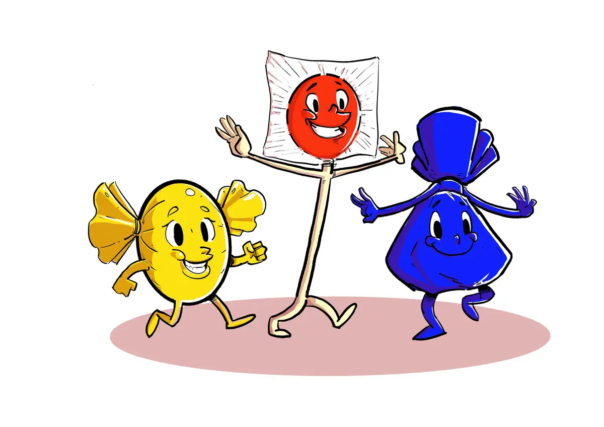 Three cartoon characters—a yellow one with a bow, a red sun in a white pillowcase, and a blue one with a top hat—are all…