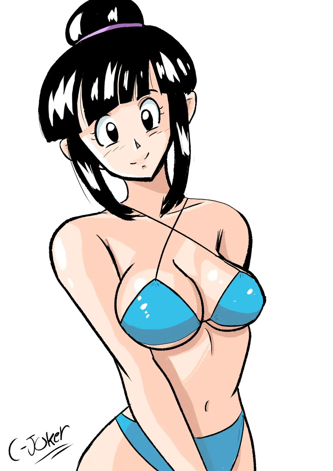 An anime-style illustration of a woman with black hair in a bun, wearing a blue bikini, looking at the viewer with a slight…