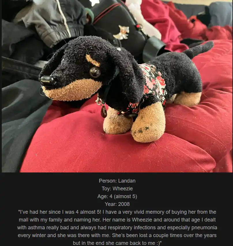 A black and tan plush dachshund toy named Wheezie, wearing a floral shirt, sits on a red blanket. The overlaid text is a…