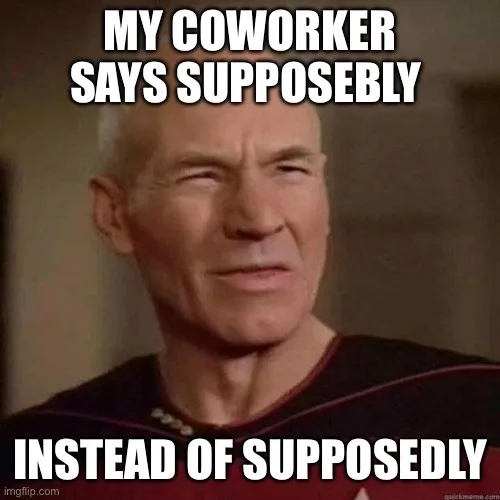A close-up image of Captain Picard from Star Trek with a skeptical, slightly amused expression. White bold text overlaid at…