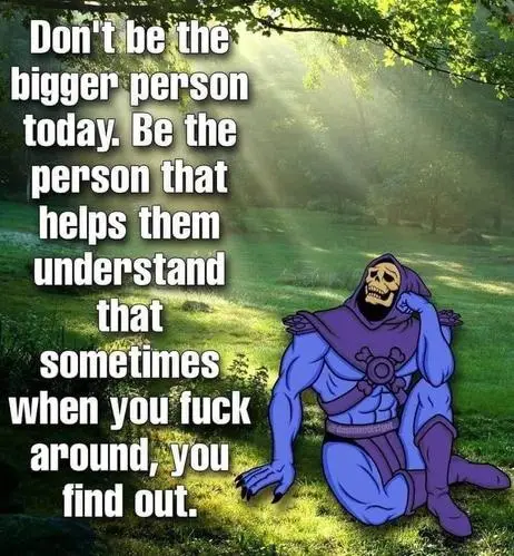 A cartoon depiction of Skeletor from Masters of the Universe sitting on grass in a sunlit forest, looking thoughtful with…