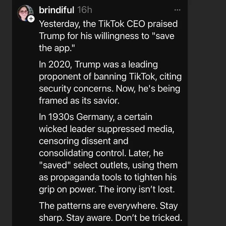A screenshot of a social media post by 'brindiful' with white text on a black background. The text details how Trump, who…