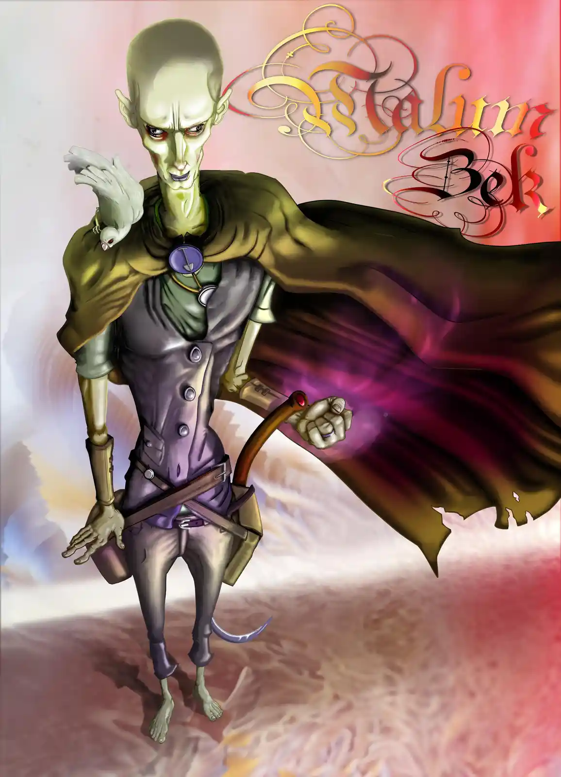 A green-skinned, bald, slender humanoid with pointed ears, a small white bird perched on his shoulder, and a long, flowing…