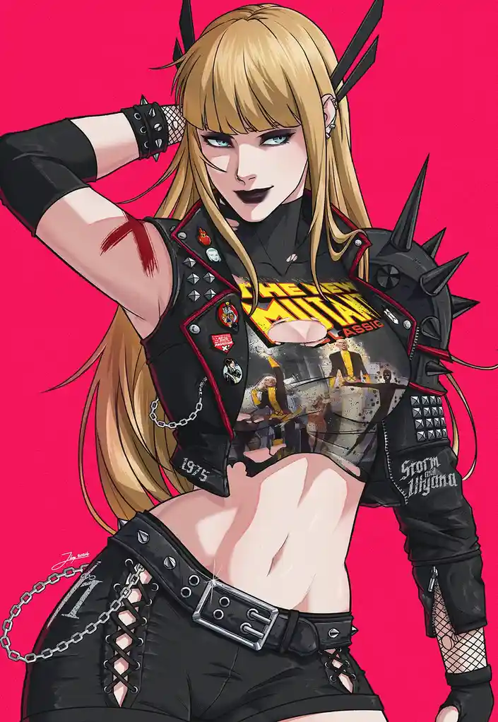 A stylized anime woman with blonde hair and black horns wears a punk rock outfit including a studded black vest over a…