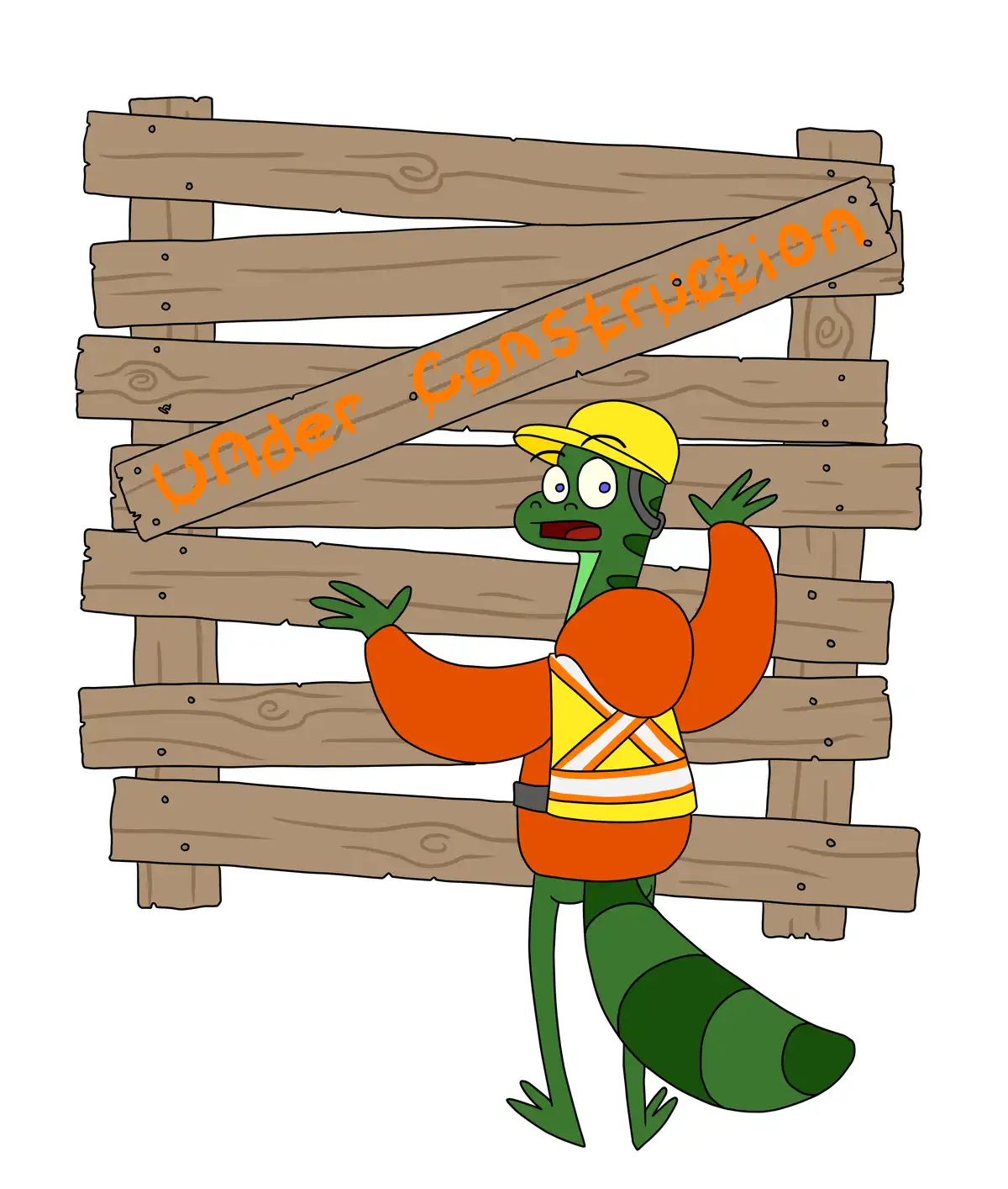 A cartoon green lizard wearing a yellow hard hat and orange safety vest stands behind a wooden fence with a diagonal plank…