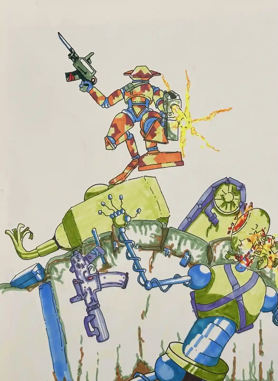 A hand-drawn illustration shows a small, camouflaged robot standing atop a larger, green, broken robot. The small robot…