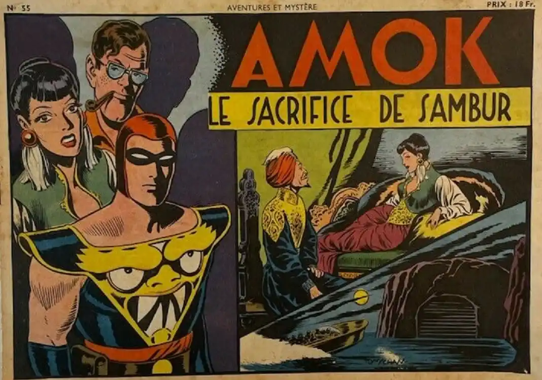 A vintage French comic book cover for 'Amok: Le Sacrifice de Sambur' (Issue #35) features a muscular hero in a yellow and…