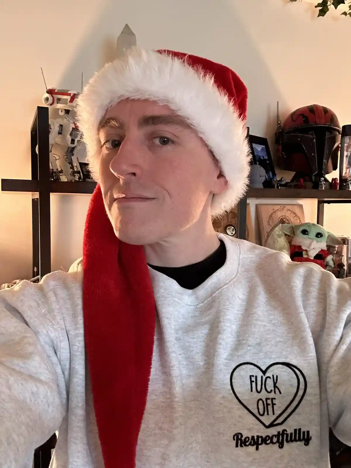A man wearing a red and white Santa hat and a red scarf looks at the camera with a subtle smirk. He wears a grey sweatshirt…