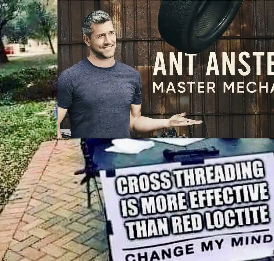 The image is a split-screen meme. The top half shows Ant Anstey, a man with short grey hair and a beard, wearing a dark blue…