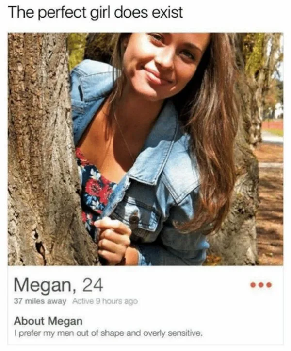 A woman with long brown hair and a denim jacket peeks from behind a tree trunk in a park. Below her photo is a fake dating…
