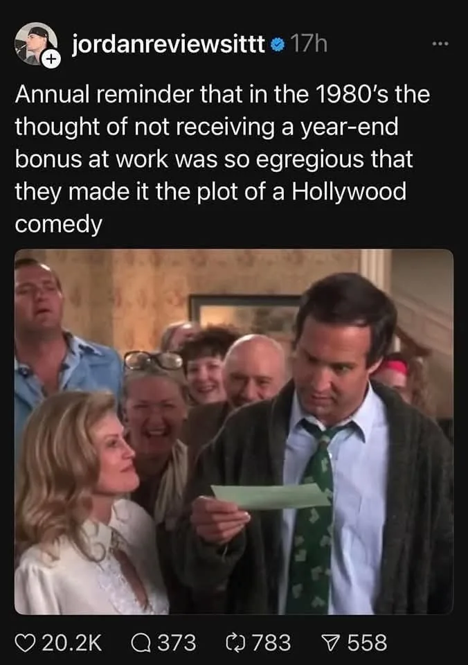 A screenshot of a social media post featuring a still from the 1989 film 'The Money Pit' showing a man in a cardigan and…