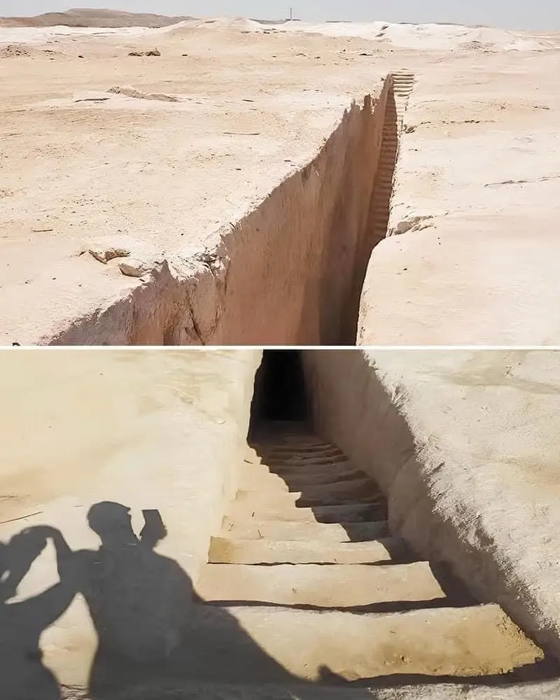 The image is a two-panel meme showing a long, narrow staircase carved into sandstone descending into a dark tunnel. The top…