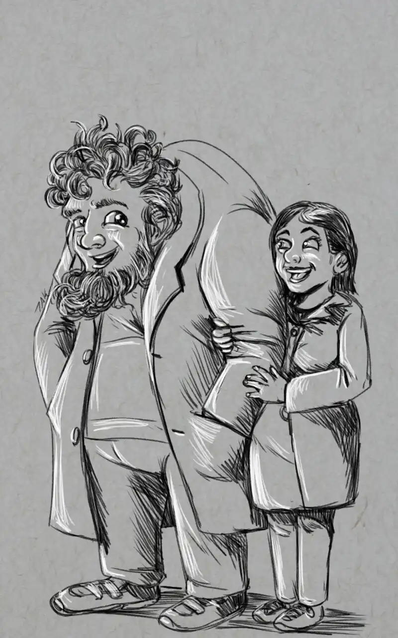 A black-and-white sketch shows a tall, bearded man with curly hair smiling while leaning back, supported by a much shorter…