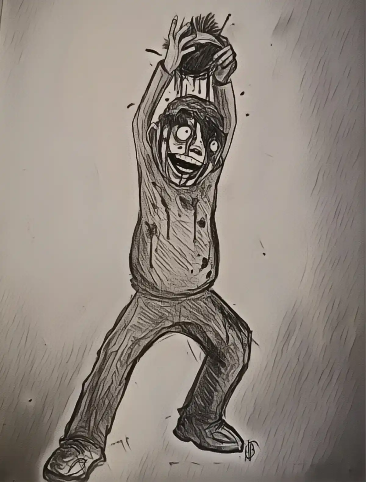 A black-and-white sketch depicts a person in a terrified, screaming expression, violently pulling their own head off with…