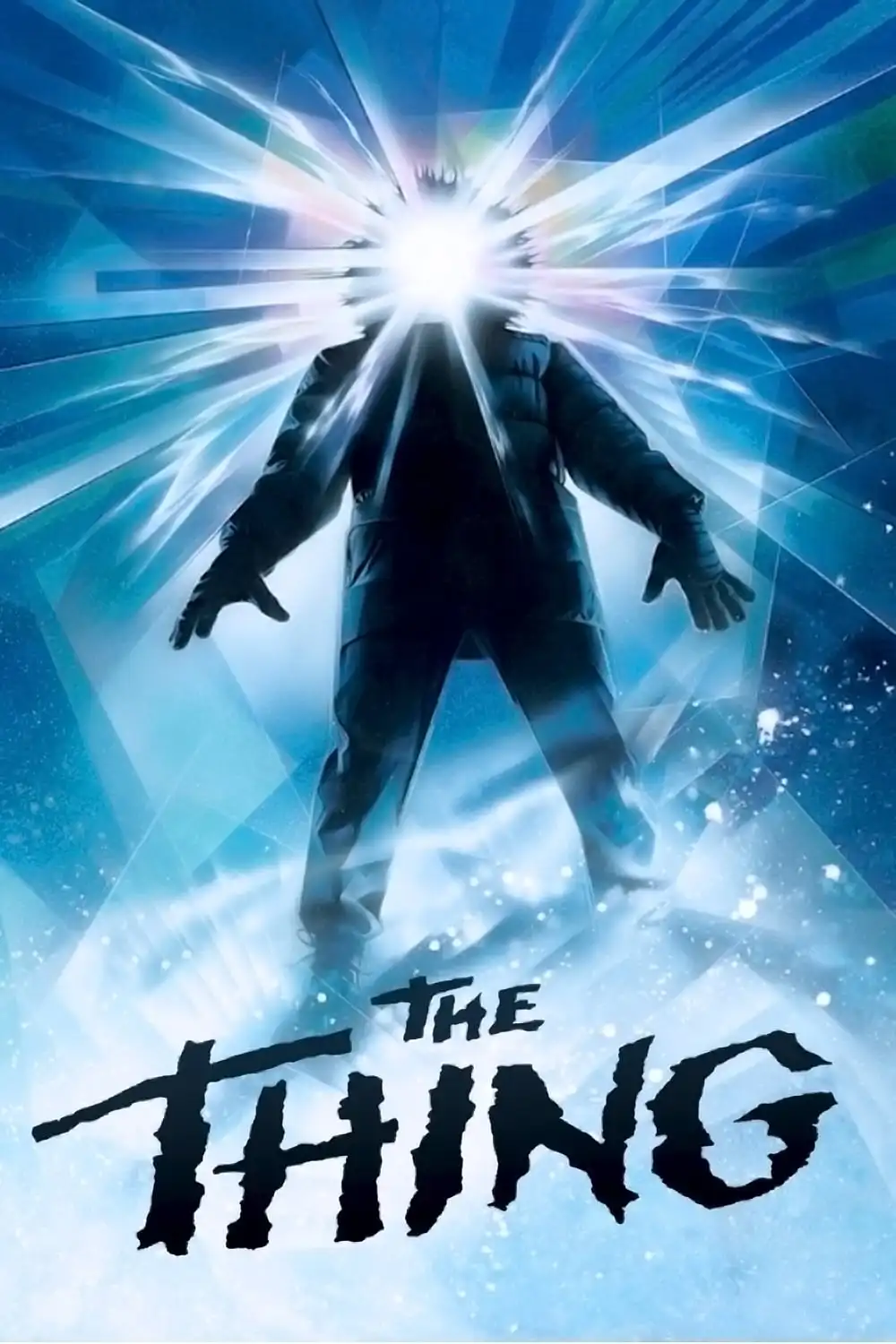 A movie poster for 'The Thing' shows a silhouetted figure in a dark winter suit standing with arms outstretched against a…