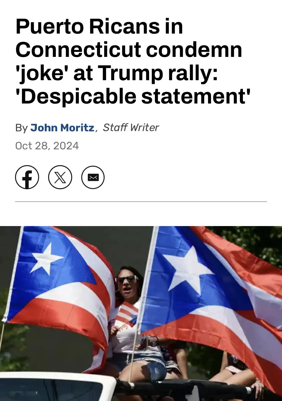 A screenshot of a news article header with the headline 'Puerto Ricans in Connecticut condemn 'joke' at Trump rally…