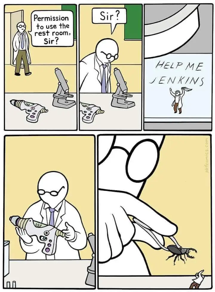 A four-panel comic strip shows a scientist asking for restroom permission, then discovering a scorpion in his lab. The final…