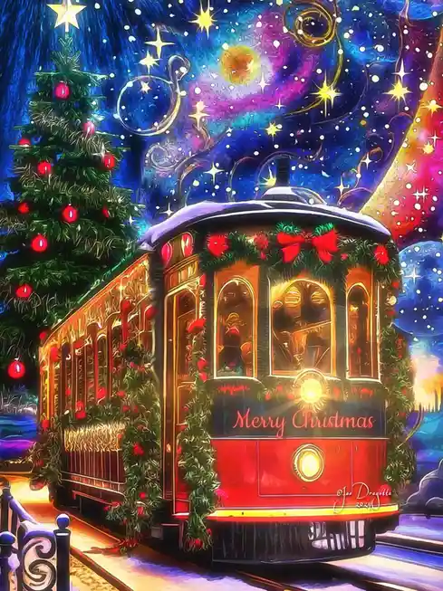 A vibrantly stylized, painterly image shows a classic red cable car decorated with green garlands and red bows, with "Merry…