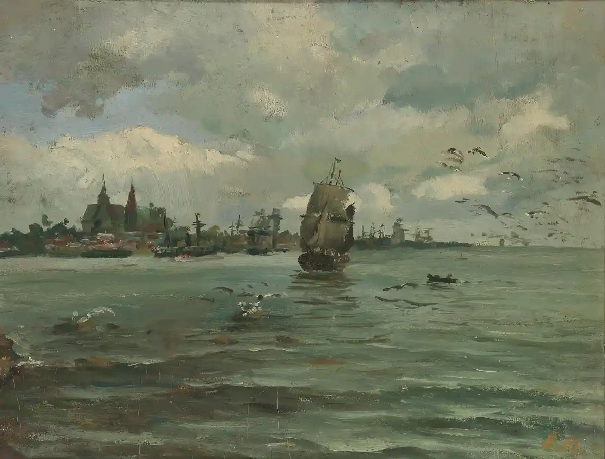 An oil painting depicts a cloudy, overcast sky above a harbor with a large sailing ship and smaller boats, with seagulls…