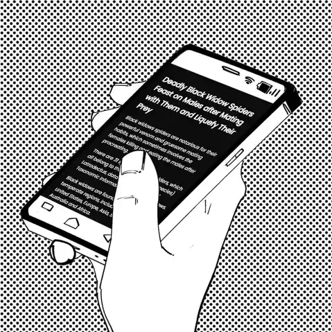 A stylized black-and-white illustration shows a hand holding a smartphone displaying a news article about black widow…