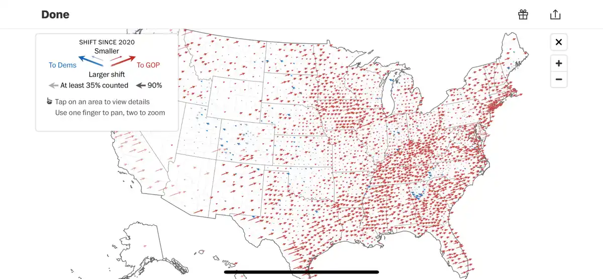 A map of the United States displays arrows indicating political party shifts since 2020, with red arrows pointing toward the…
