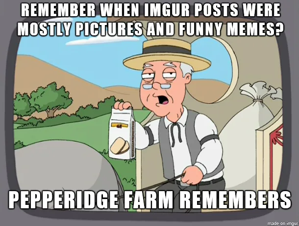 A cartoon image of an elderly man in a straw hat holding a Pepperidge Farm bread box, standing in front of a sack of flour…