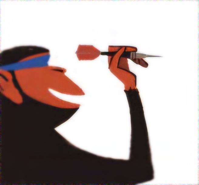 A stylized cartoon man with a blue blindfold and orange skin holds a dart poised to throw it, smiling confidently. The…