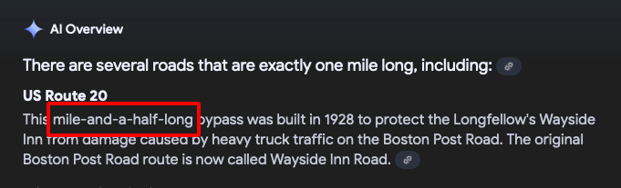 A screenshot of an AI-generated text response listing roads that are exactly one mile long, with the entry for 'US Route 20'…
