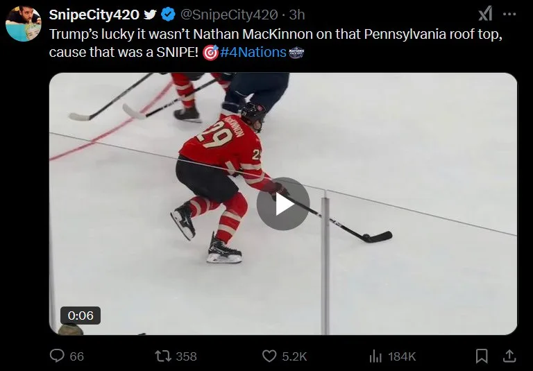 A screenshot of a Twitter post showing a video thumbnail of a hockey player in a red jersey with the number 29, skating on…