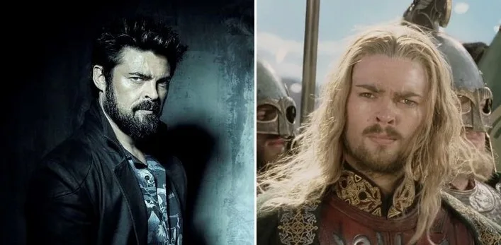 The image is a side-by-side comparison of actor Karl Urban. On the left, he appears in a dark, moody portrait with a beard…