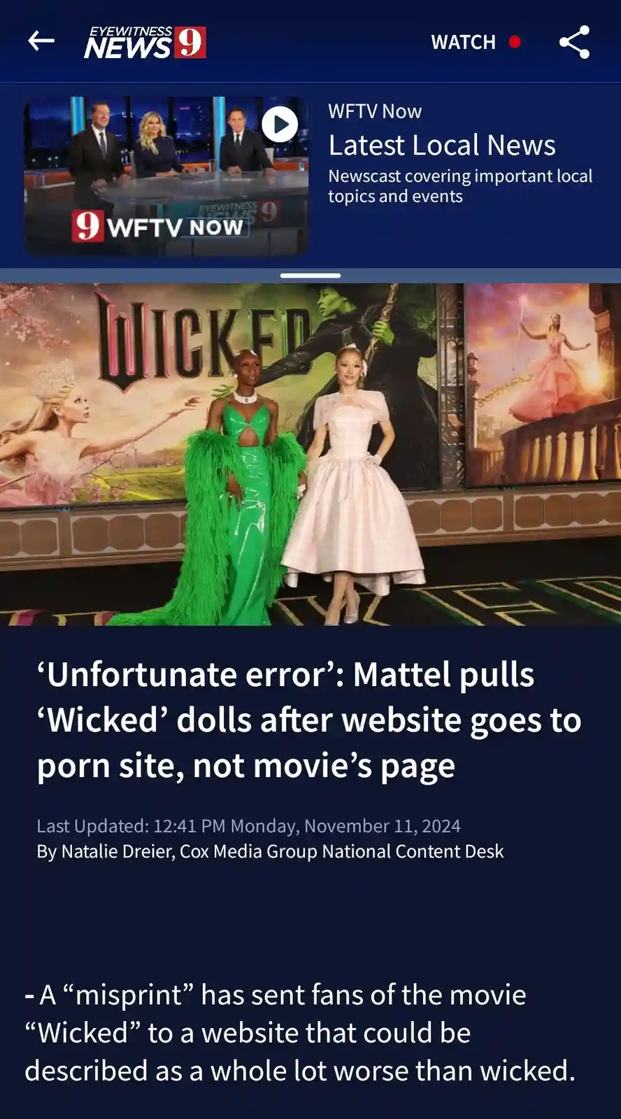 A screenshot of a WFTV News article about Mattel pulling 'Wicked' dolls due to a website error redirecting users to a porn…