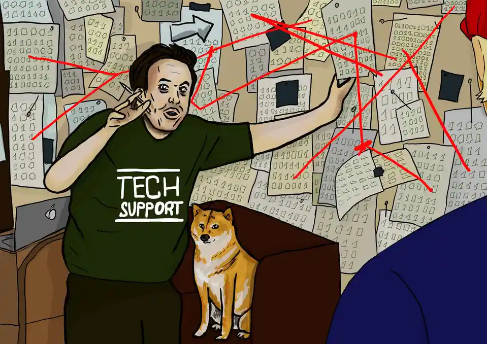 A cartoon tech support person in a green shirt with 'TECH SUPPORT' text stands in front of a wall covered with binary code…