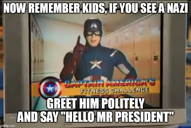 A still image from a TV screen shows Captain America in a school hallway with lockers, pointing upward. The TV graphic reads…