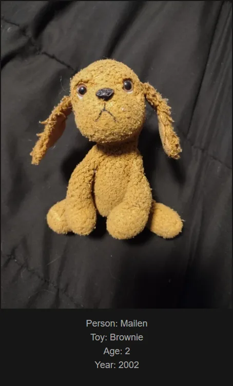 A worn, brown, fuzzy stuffed dog toy with large eyes and a stitched mouth sits on a black fabric surface. Text overlaid at…