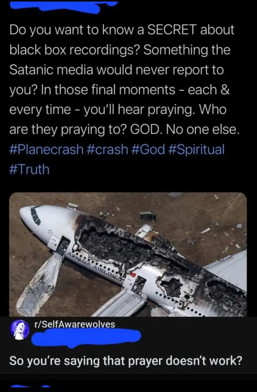 An image of a severely burned and destroyed airplane, identified as an Asiana Airlines plane, is overlaid with text claiming…